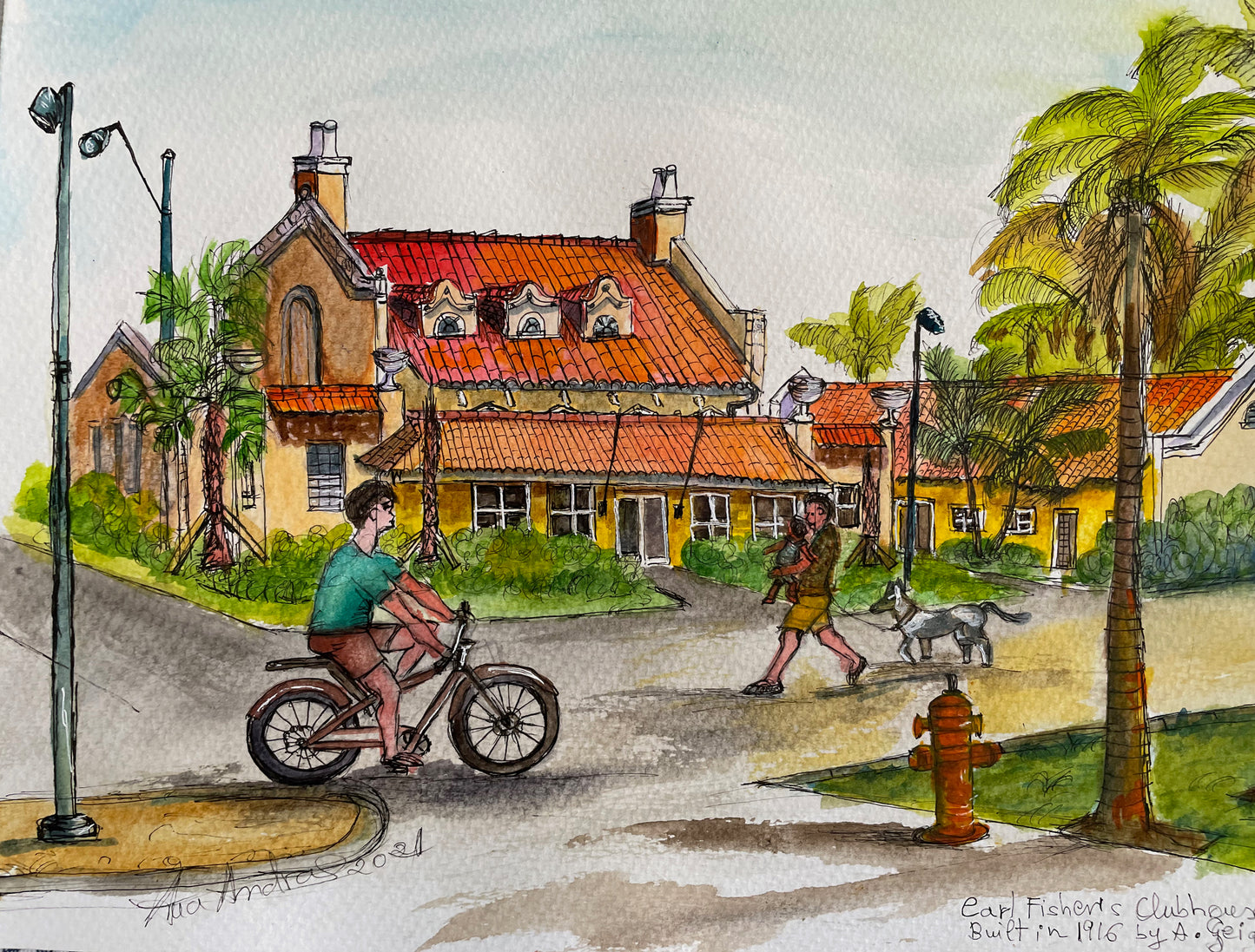 PORTRAIT OF CARLS FISHER'S CLUB HOUSE, MIAMI BEACH, ORIGINAL WATERCOLOR