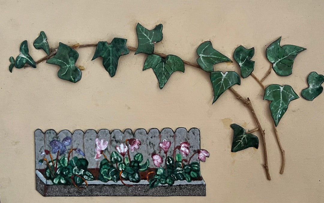 ORIGINAL ENAMEL ART , VINE ON MY GARDEN