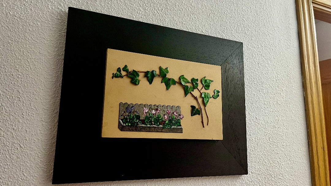ORIGINAL ENAMEL ART , VINE ON MY GARDEN