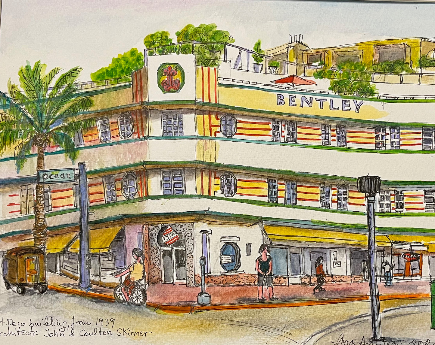 ORIGINAL WATERCOLOR , BENTLY HOTEL, ART DECO, MIAMI BEACH