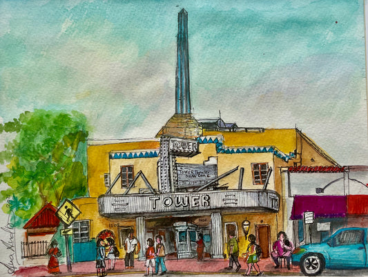 ORIGINAL WATERCOLOR, CALLE 8 , TOWER THEATER , MIAMI