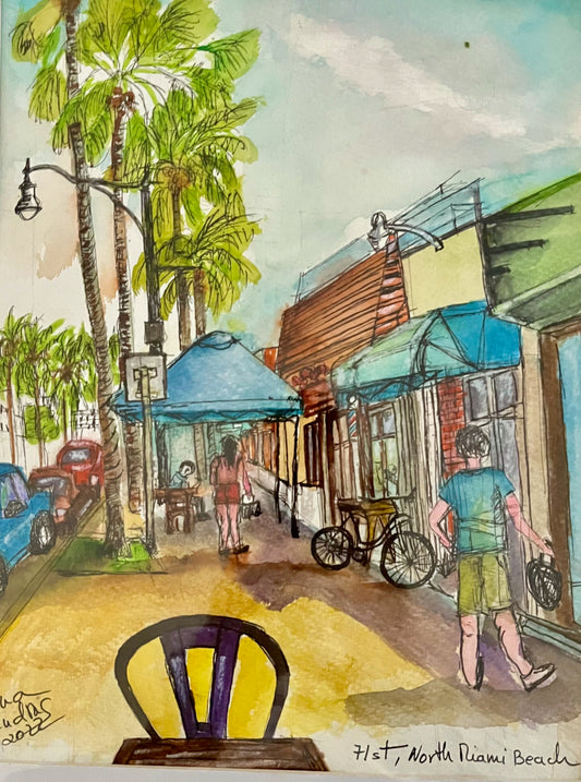 ORIGINAL WATERCOLOR, NORMANDY ISLE, NOTH MIAMI BEACH