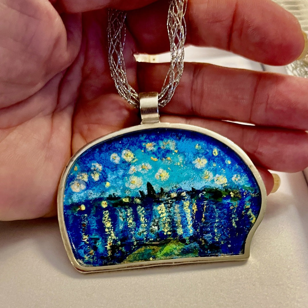 Statement Pendant, Starry Night, Enamel on Silver