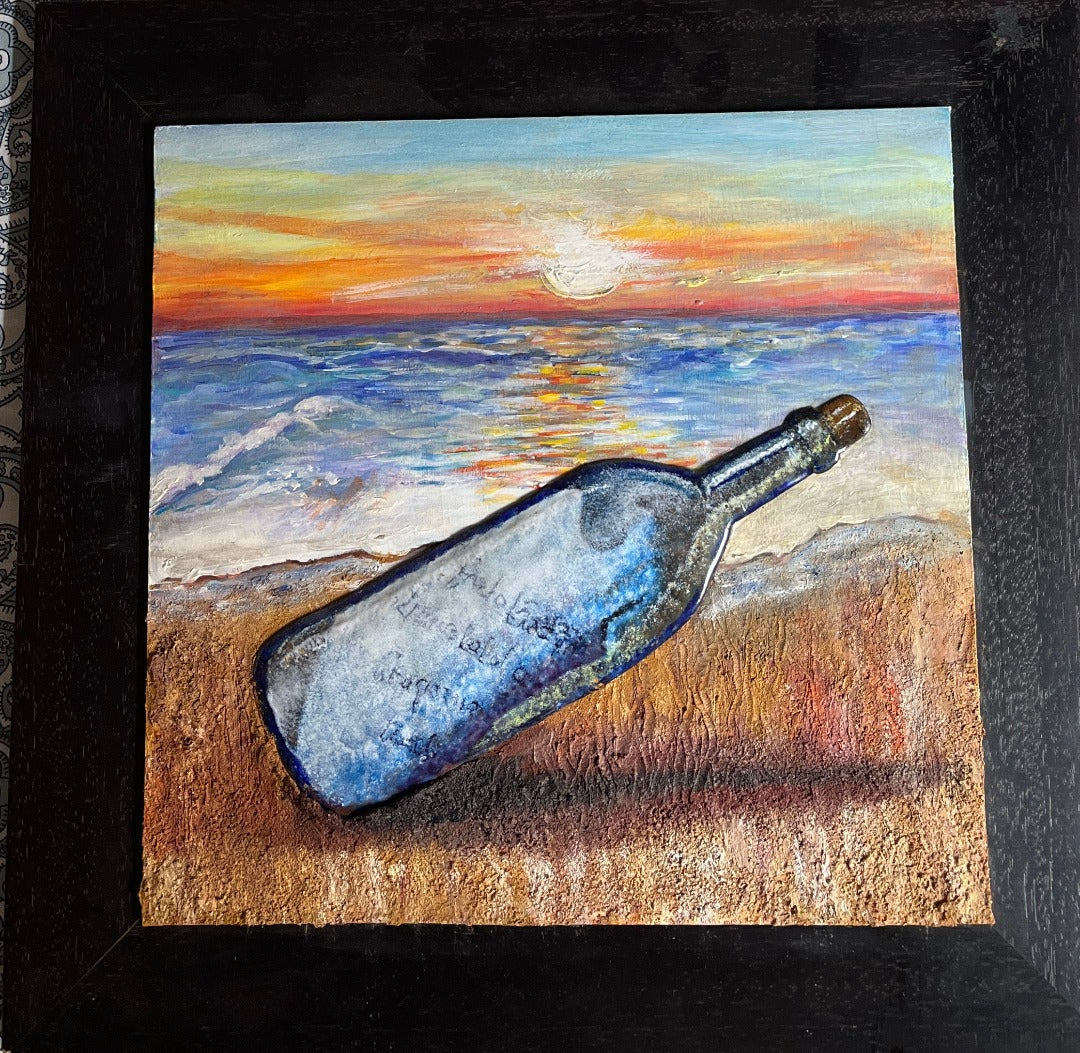 ENAMEL & MIX MEDIA, BOTTLE ON BEACH