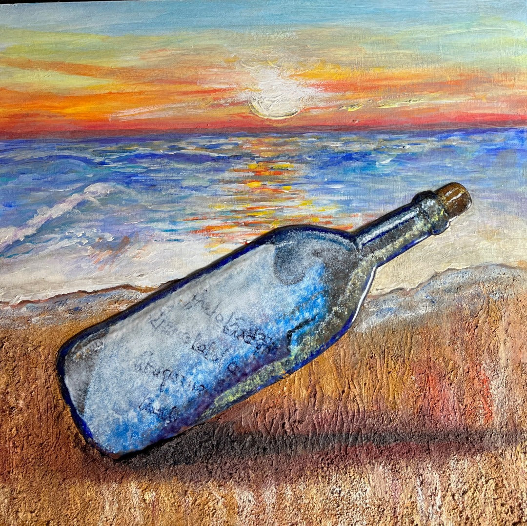 ENAMEL & MIX MEDIA, BOTTLE ON BEACH