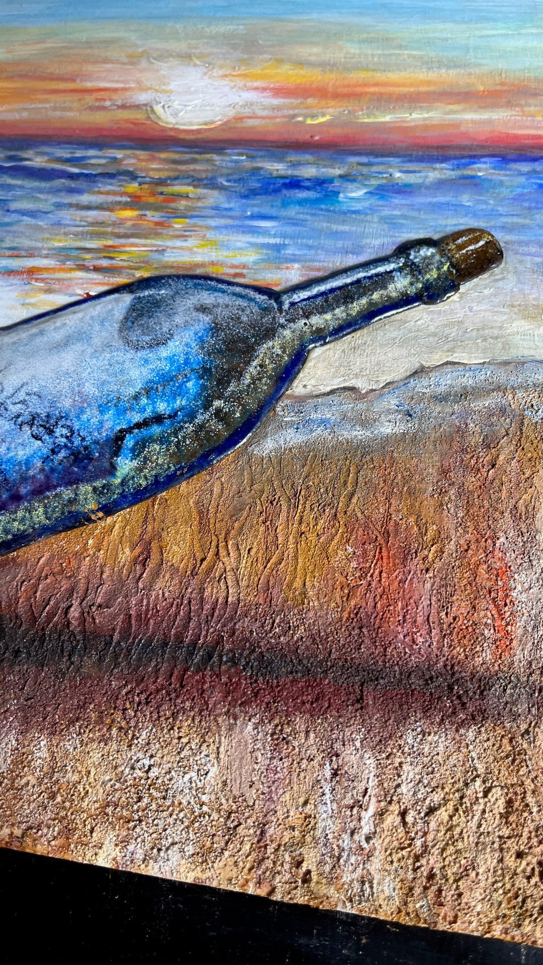 ENAMEL & MIX MEDIA, BOTTLE ON BEACH