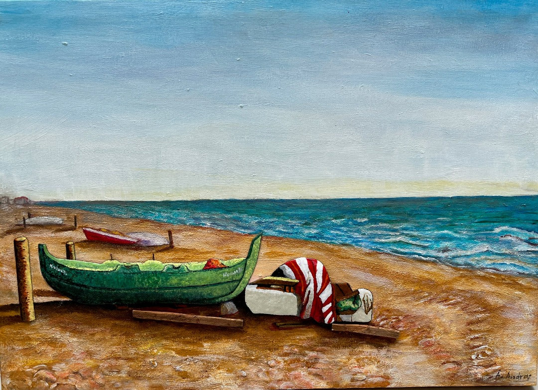 WINTER BOATS, ORIGINAL PAINTING AND MIX MEDIA