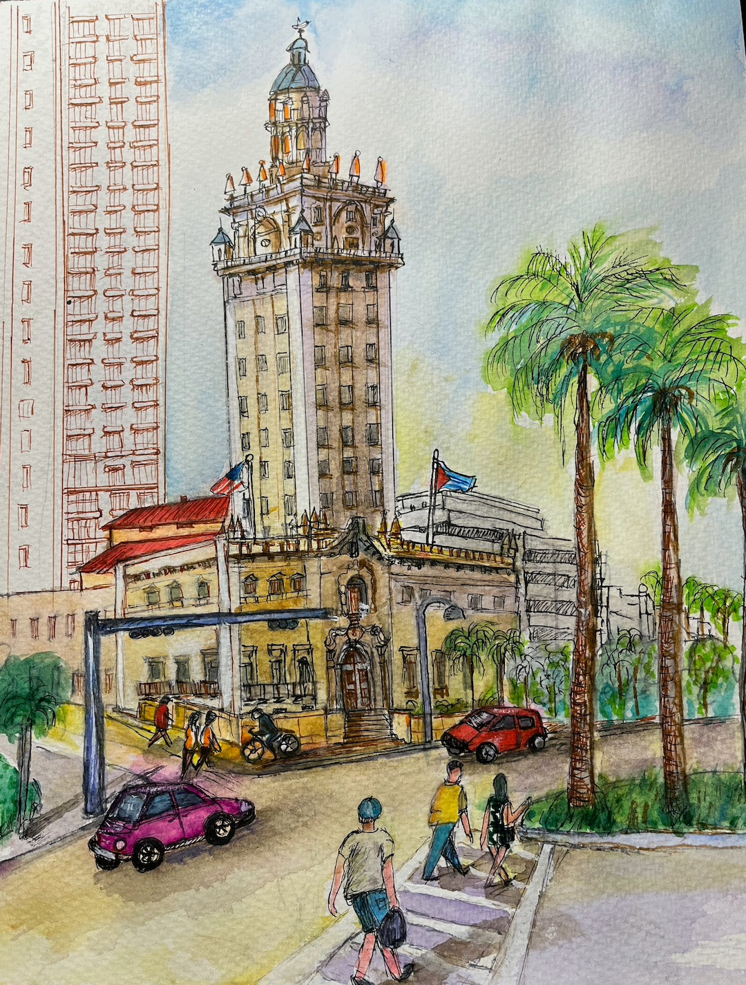 ORIGINAL WATERCOLOR, FREEDOM TOWER, MIAMI