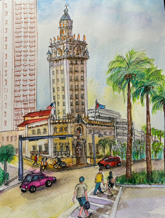 ORIGINAL WATERCOLOR, FREEDOM TOWER, MIAMI