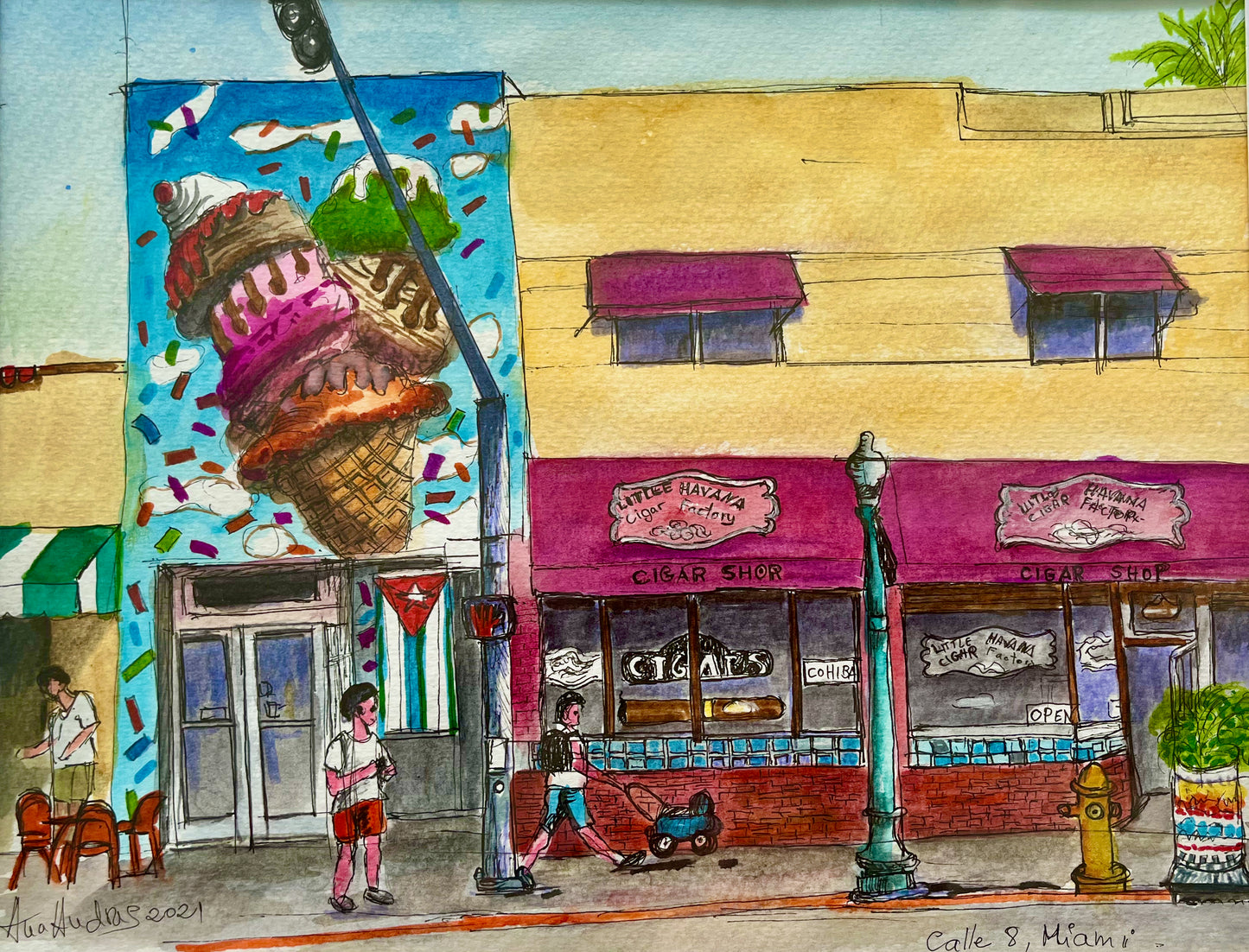 ORIGINAL WATERCOLOR, CALLE 8, MIAMI