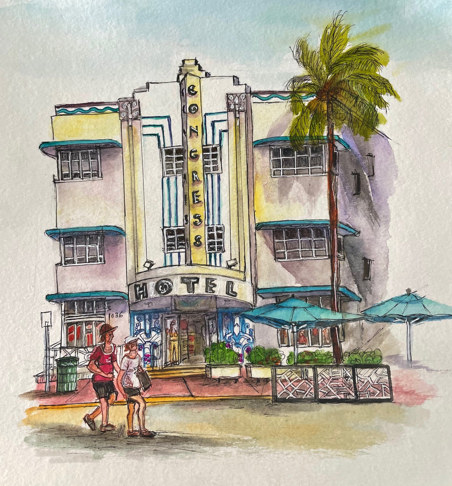 ORIGINAL WATERCOLOR, ART DECO CONGRESS HOTEL, MIAMI BEACH