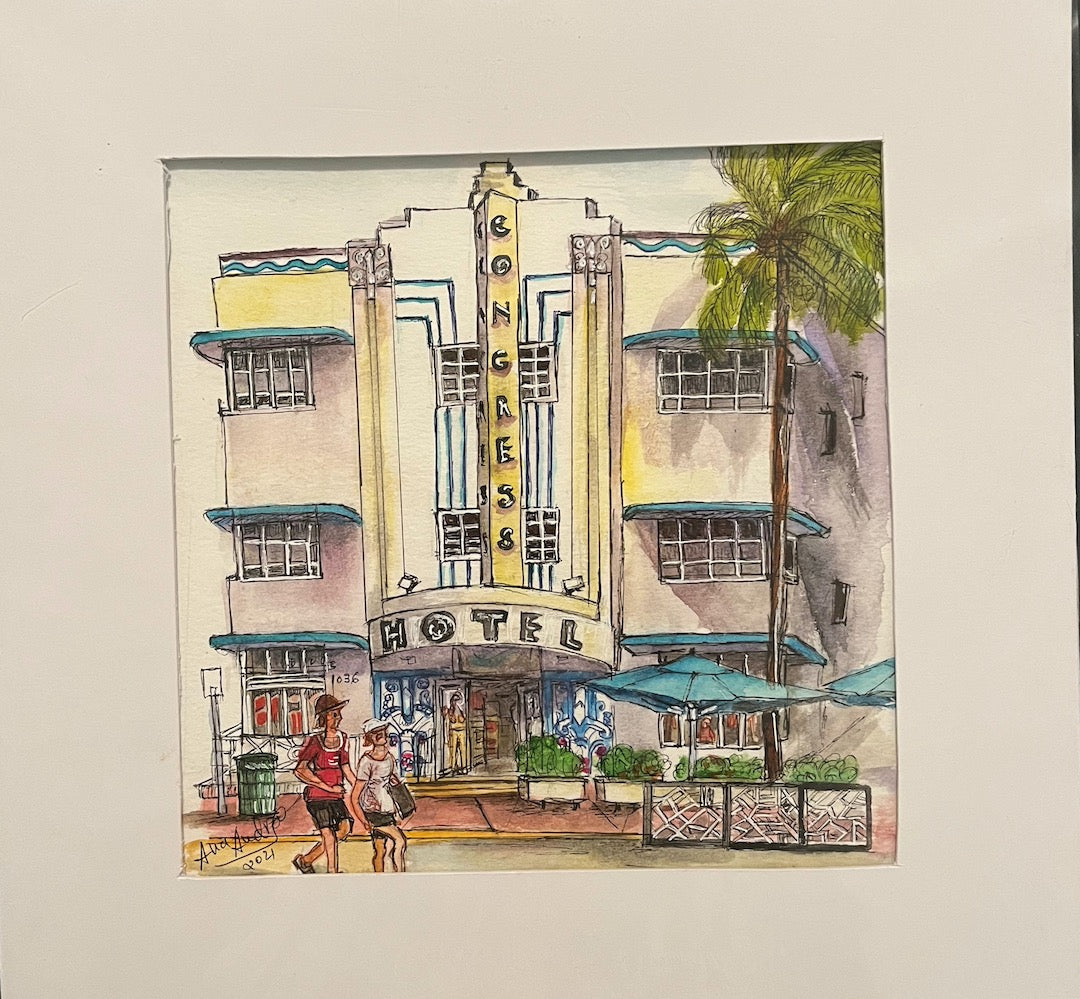 ORIGINAL WATERCOLOR, ART DECO CONGRESS HOTEL, MIAMI BEACH