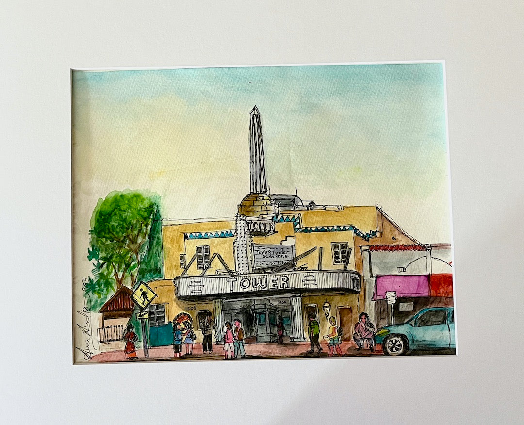 ORIGINAL WATERCOLOR, CALLE 8 , TOWER THEATER , MIAMI