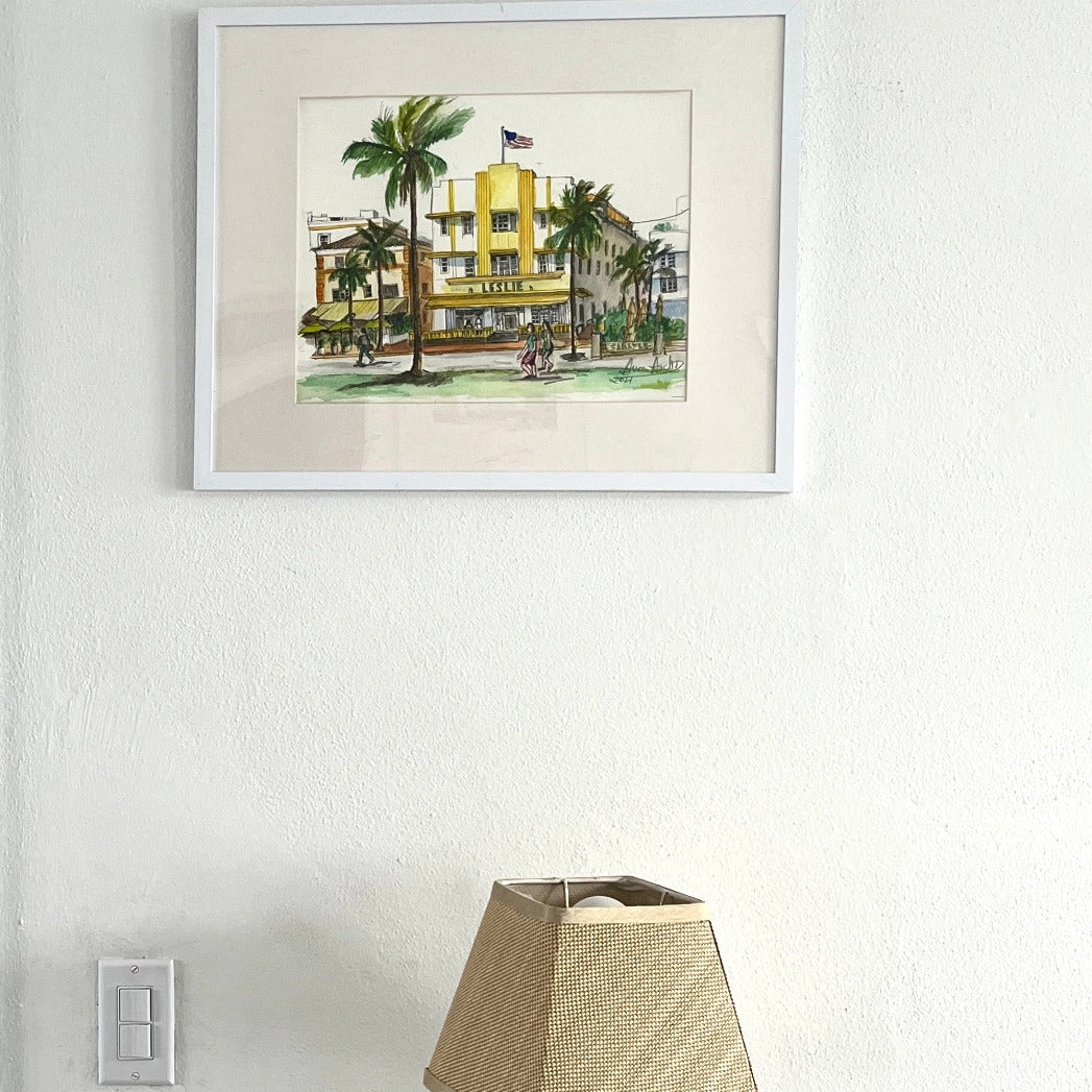 ORIGINAL WATERCOLOR, LESLIE ART DECO HOTEL, MIAMI BEACH