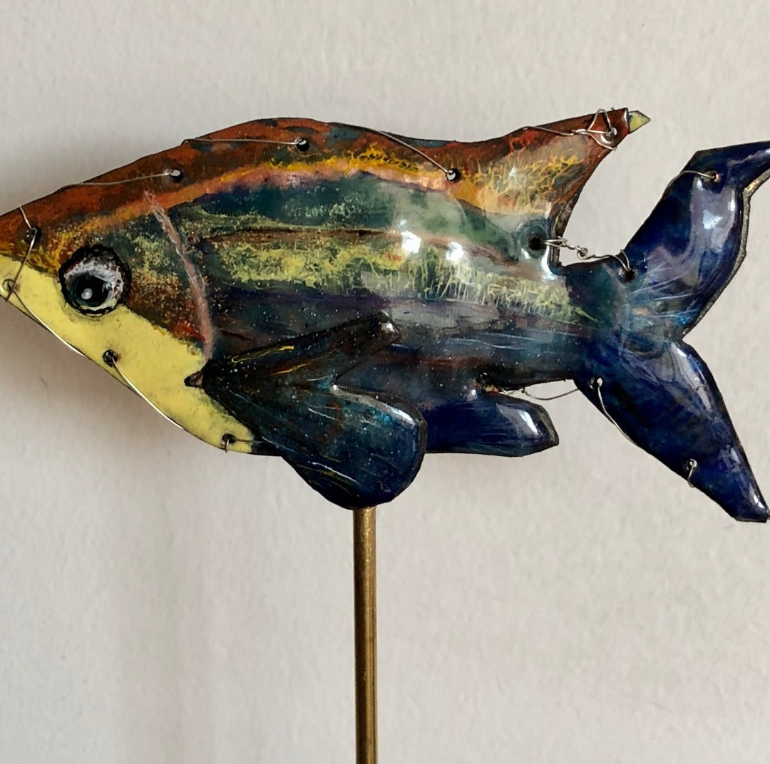 ENAMEL SCULPTURE, YELLOW  & BLUE FISH