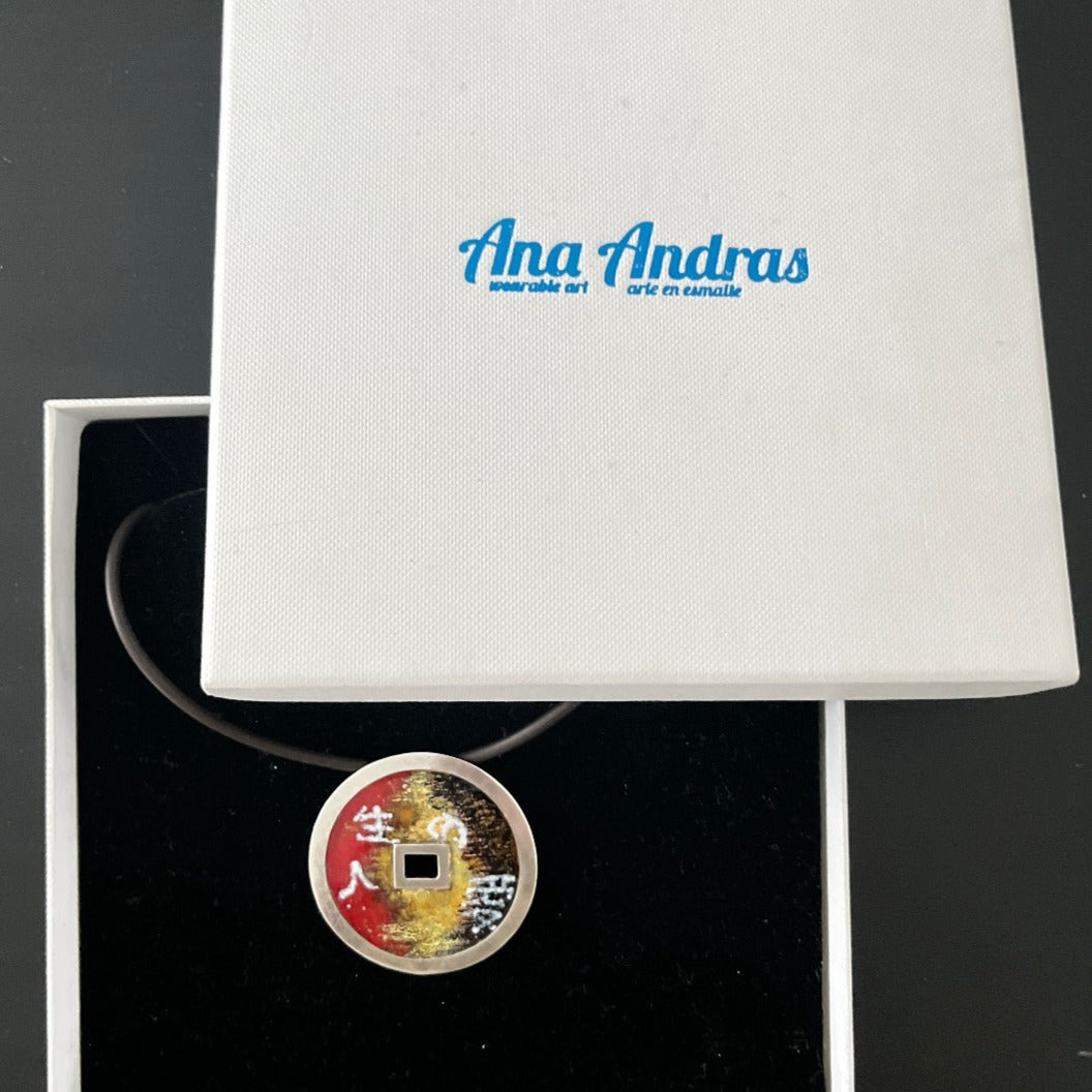 Chinese Coin, Enamel on Silver Pendant