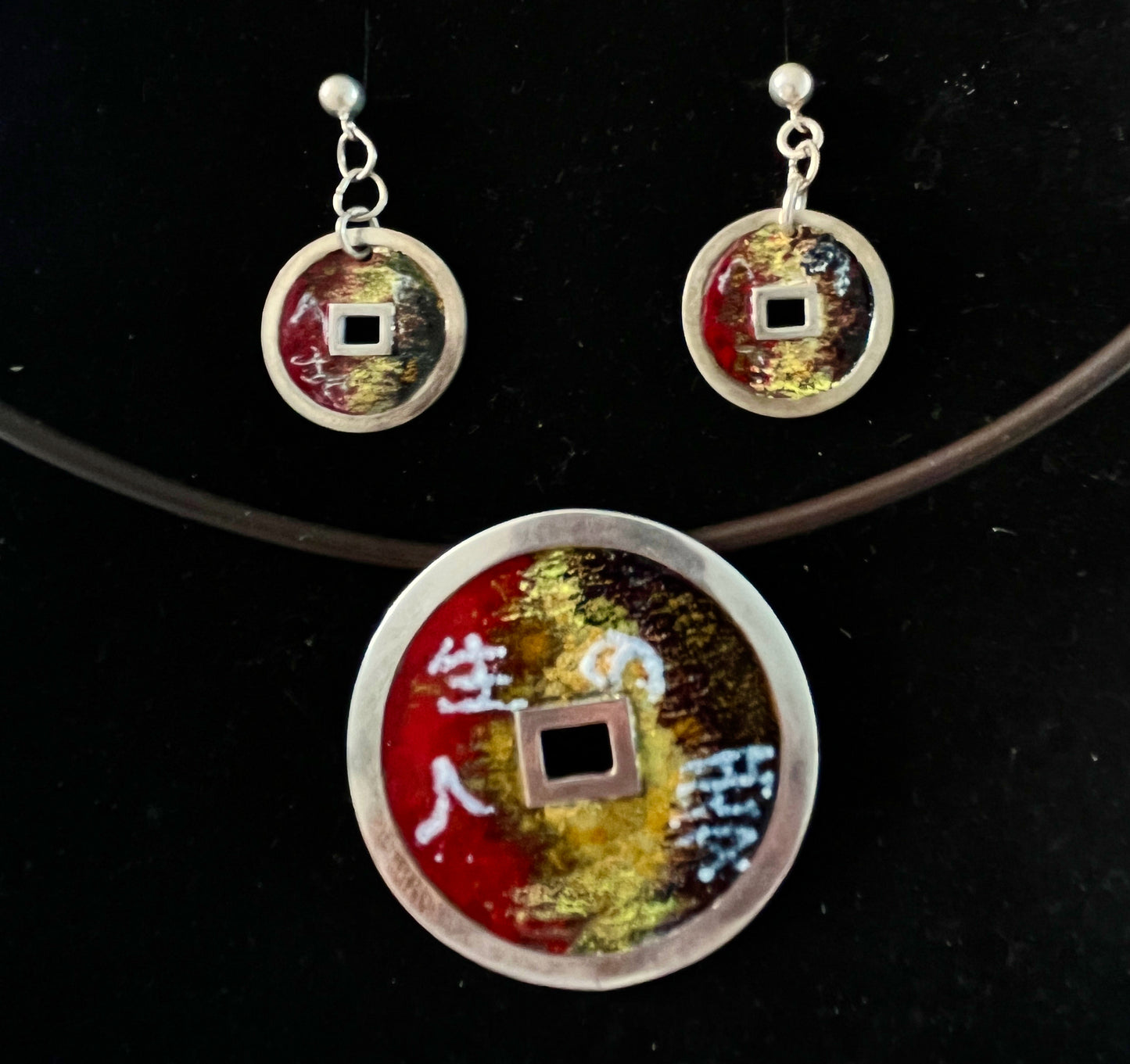 Chinese Coin, Enamel on Silver Pendant