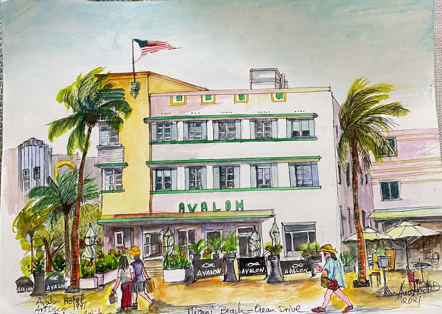 AVALON HOTEL, ART DECO, ORIGINAL WATERCOLOR