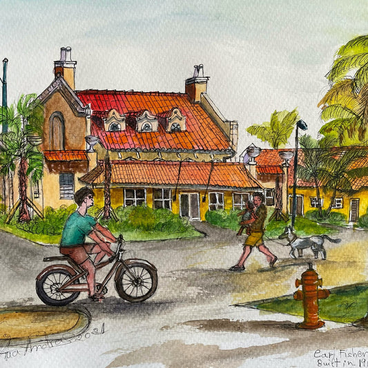 PORTRAIT OF CARLS FISHER'S CLUB HOUSE, MIAMI BEACH, ORIGINAL WATERCOLOR