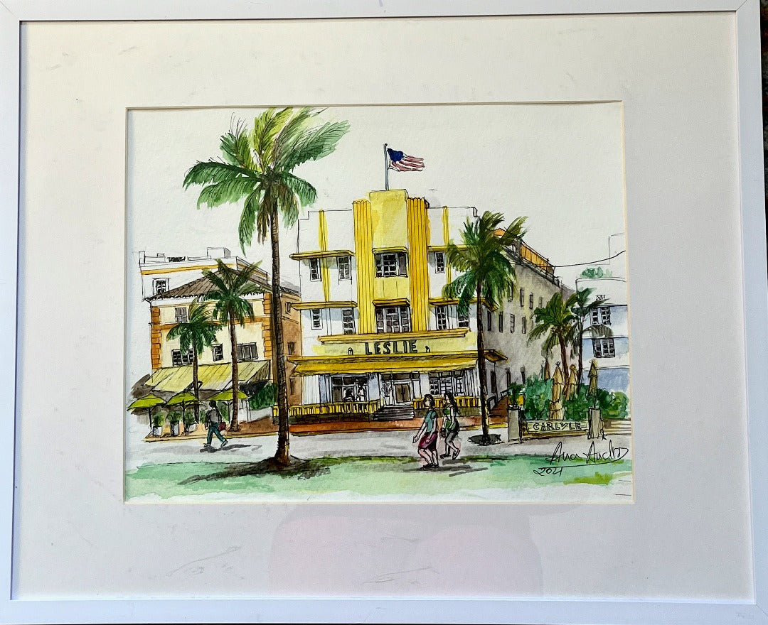 ORIGINAL WATERCOLOR, LESLIE ART DECO HOTEL, MIAMI BEACH