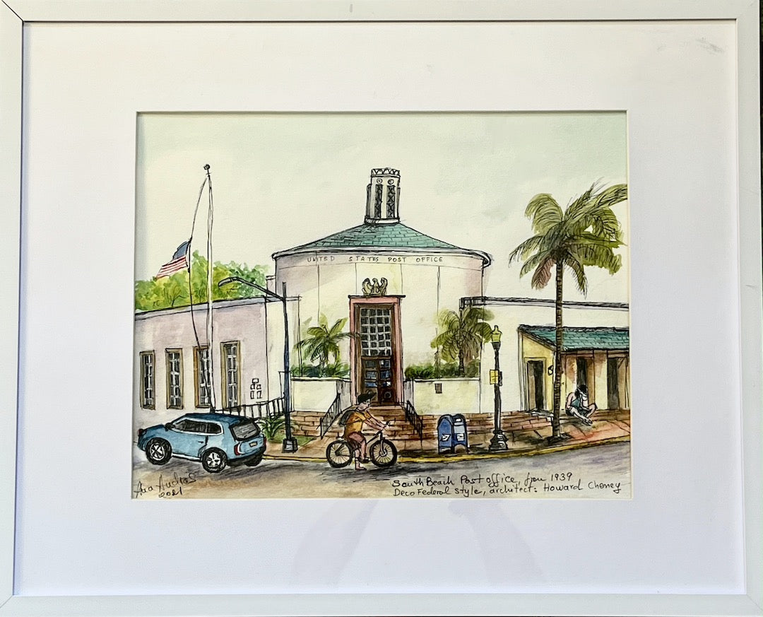 ORIGINAL WATERCOLORS, MIAMI BEACH POST OFFICE, FEDERAL DECO ART