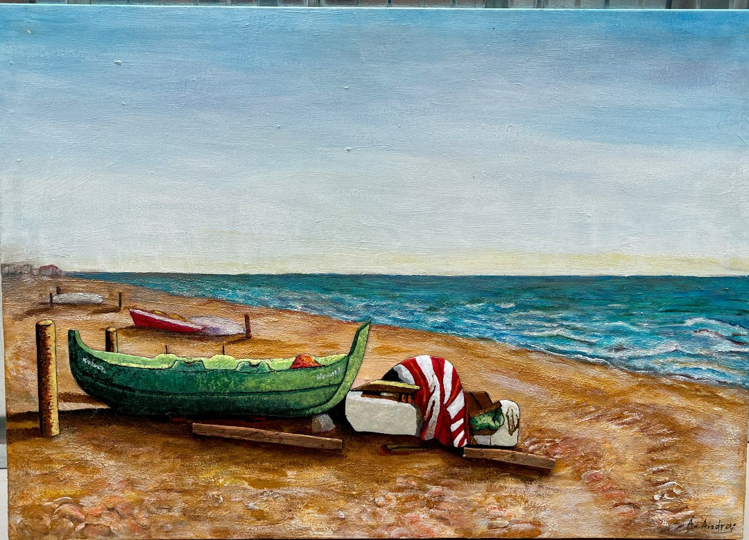 WINTER BOATS, ORIGINAL PAINTING AND MIX MEDIA