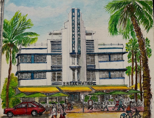 Original Painting Breakwater Hotel, Miami Beach