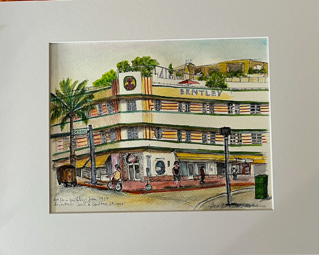 ORIGINAL WATERCOLOR , BENTLY HOTEL, ART DECO, MIAMI BEACH