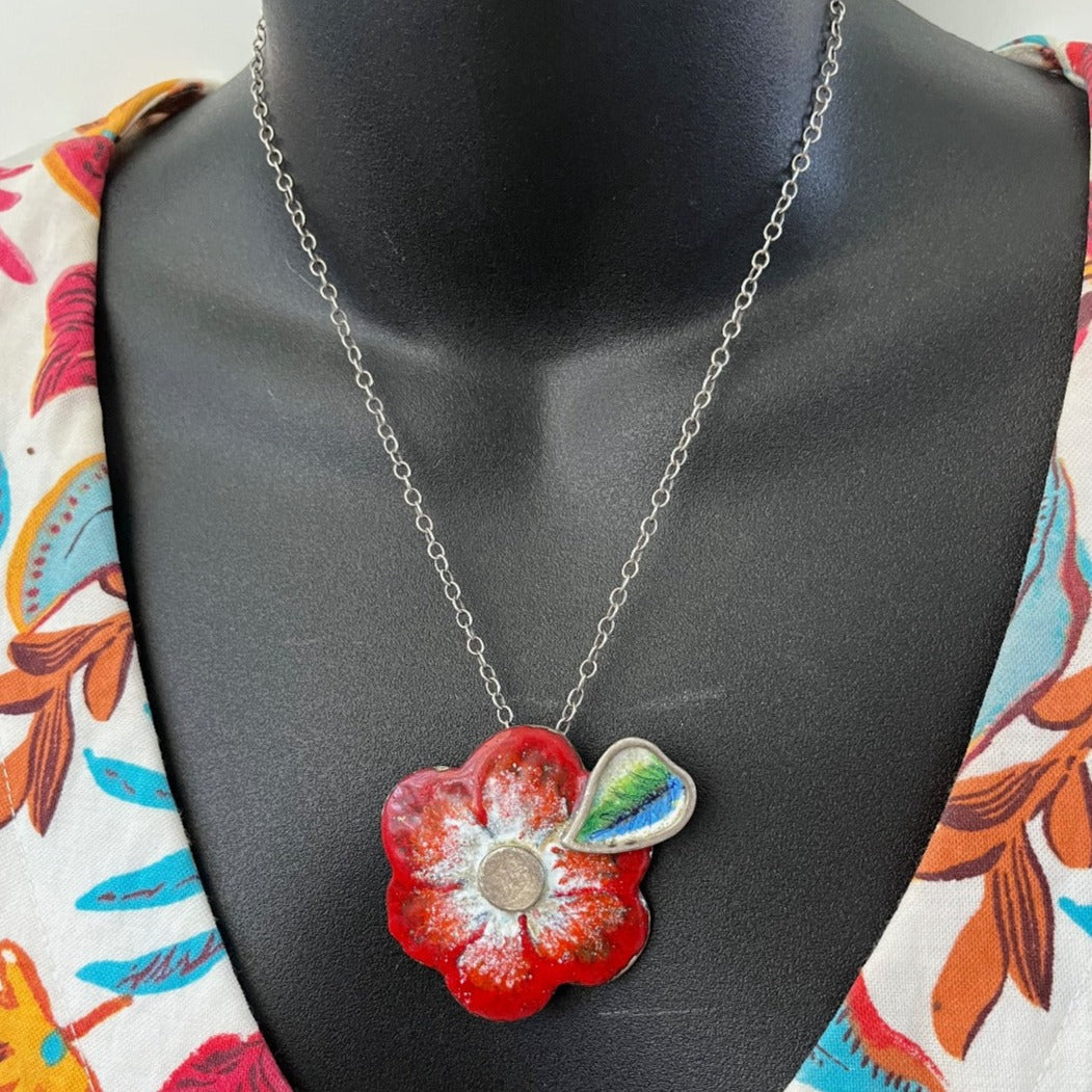 Enamel on Silver Flower in Red