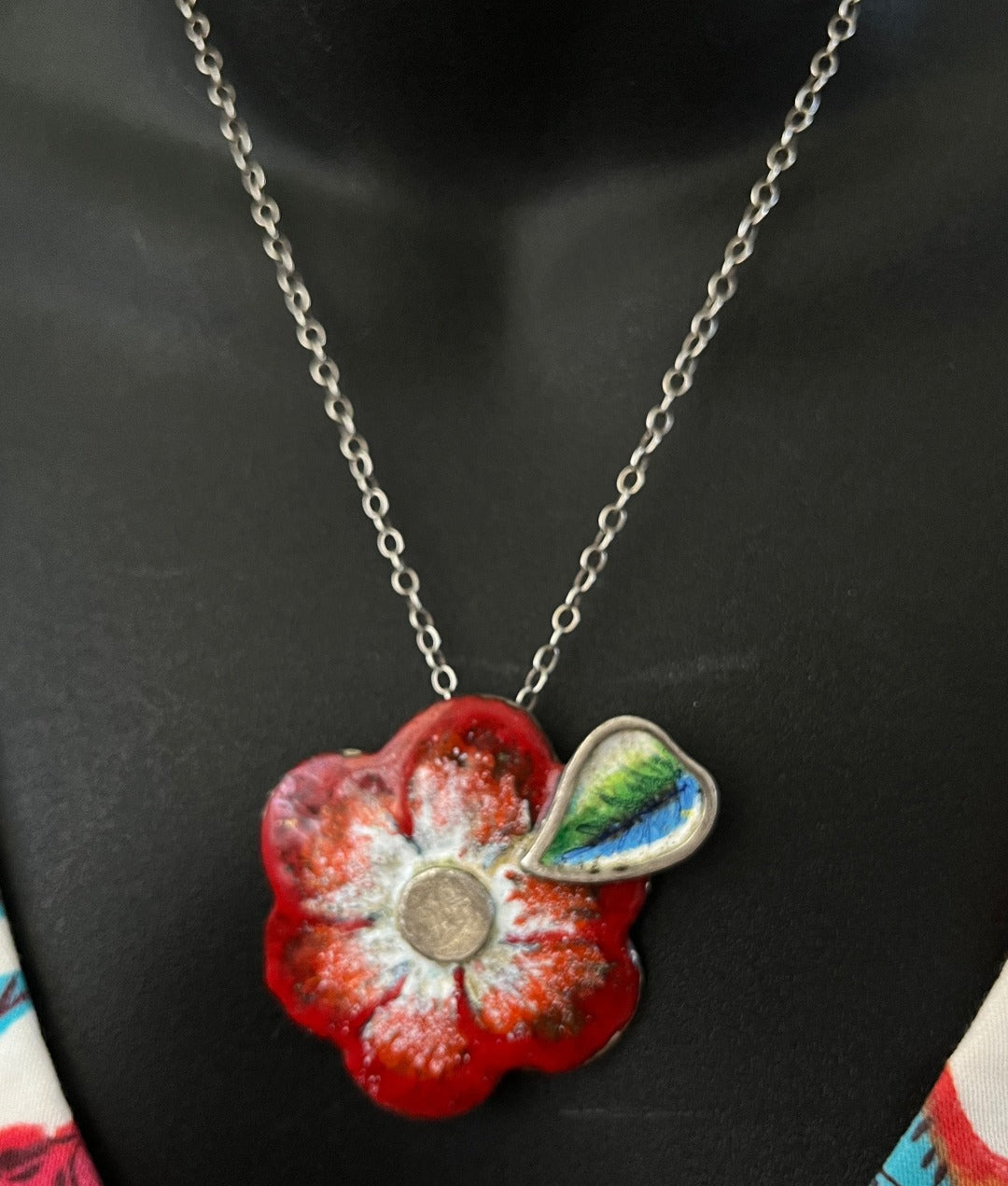 Enamel on Silver Flower in Red