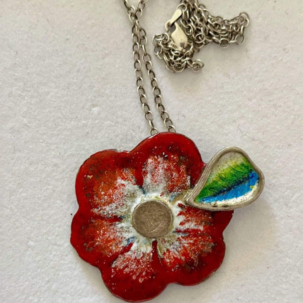 Enamel on Silver Flower in Red