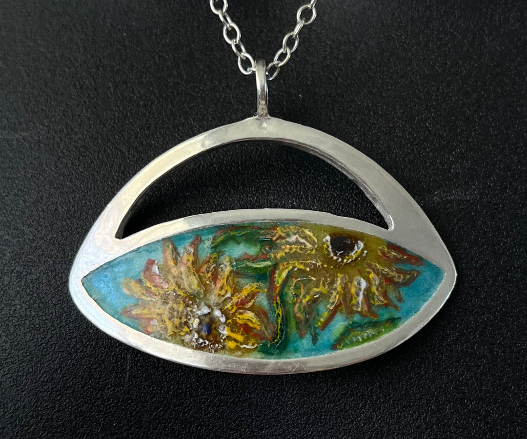 Van Gogh SunFlowers, Enamel & Silver Pendant