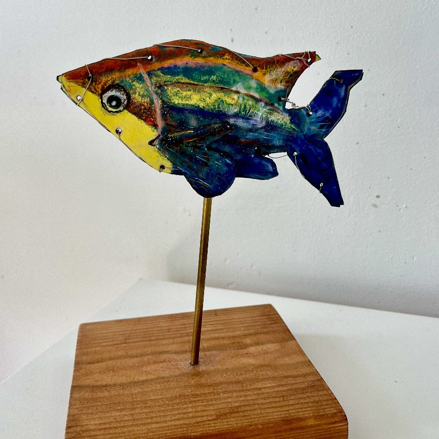 ENAMEL SCULPTURE, YELLOW  & BLUE FISH