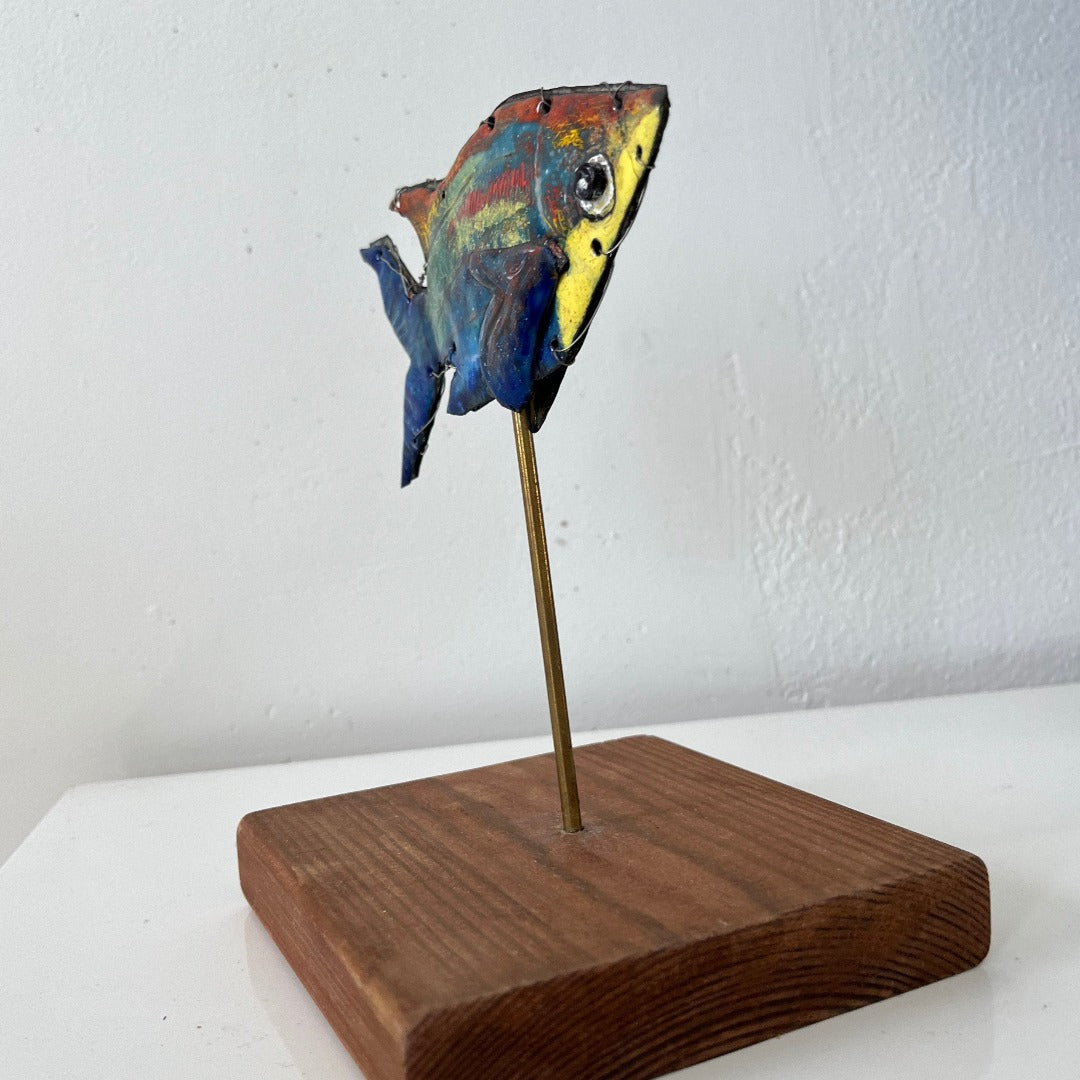 ENAMEL SCULPTURE, YELLOW  & BLUE FISH