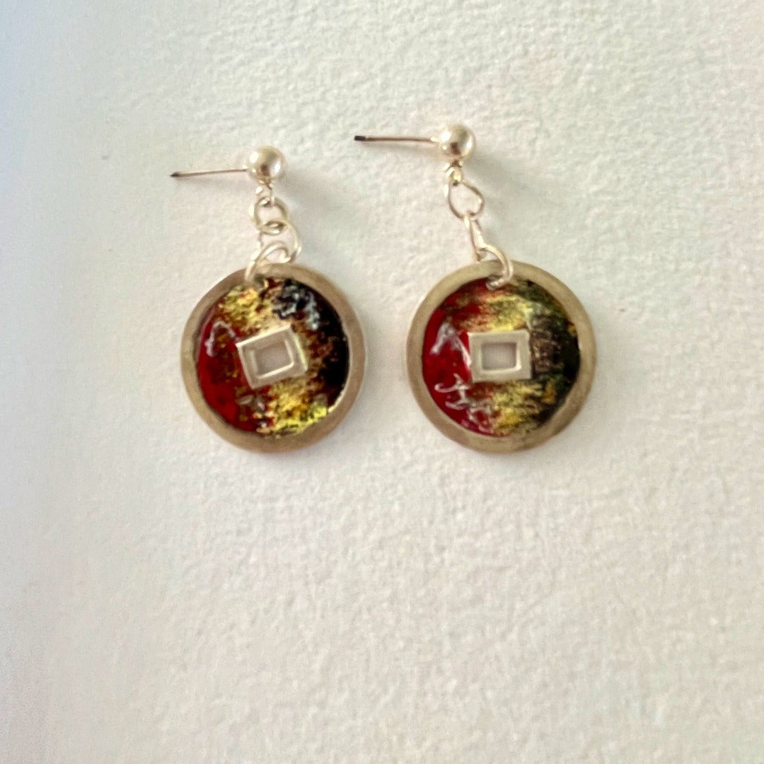 Chines Coin, Oriental, Enamel on Silver Earrings