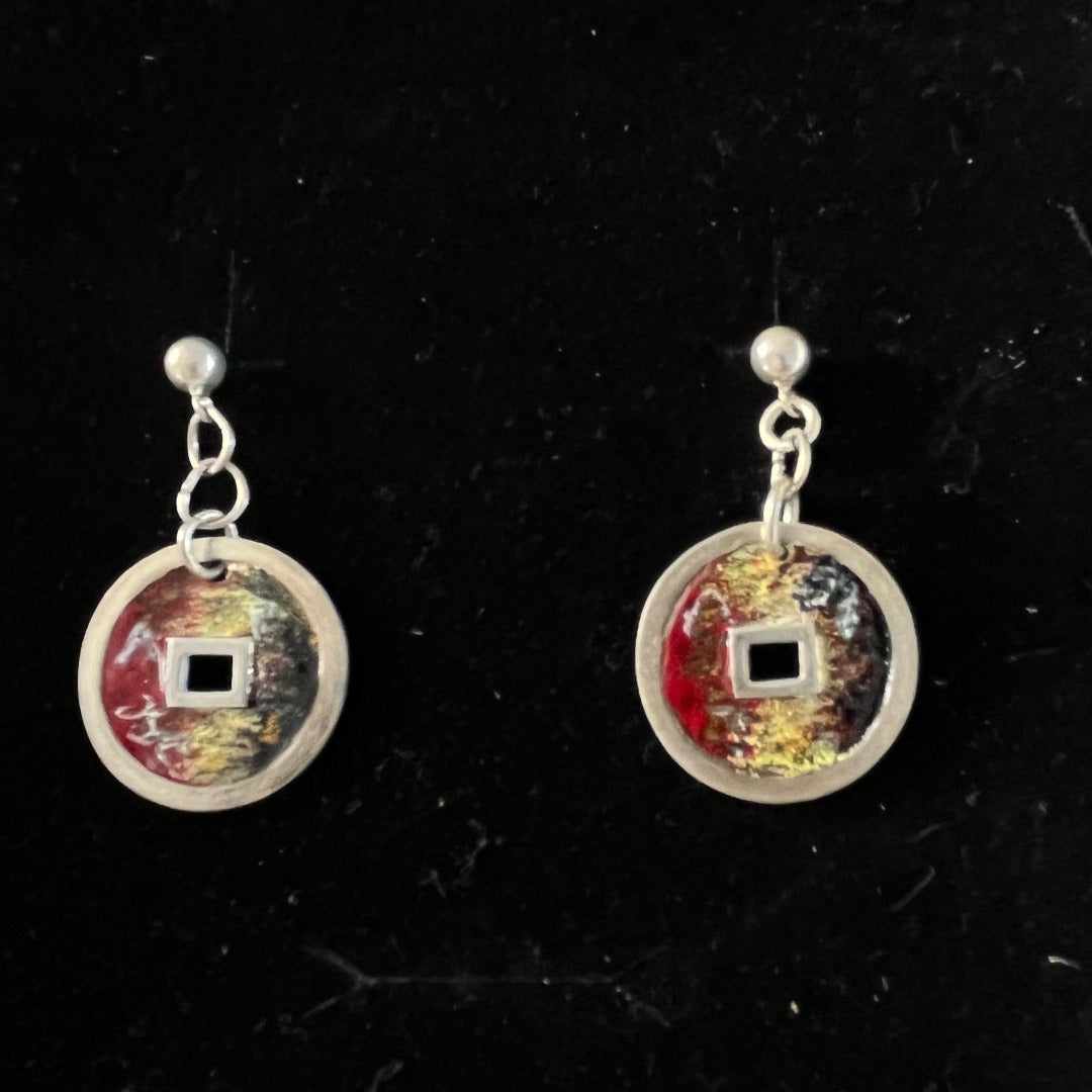 Chines Coin, Oriental, Enamel on Silver Earrings