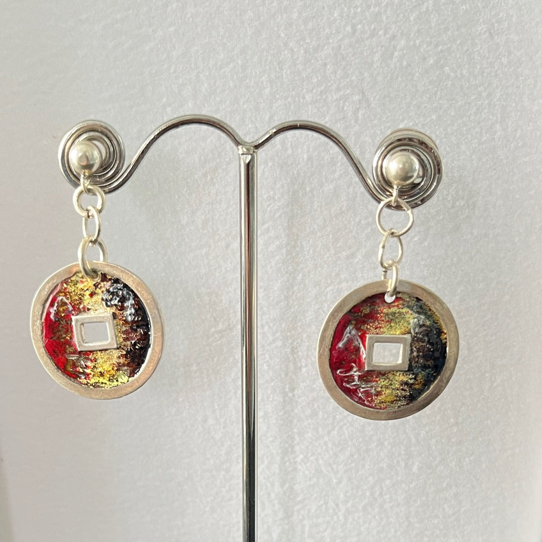 Chines Coin, Oriental, Enamel on Silver Earrings