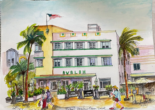 AVALON HOTEL, ART DECO, ORIGINAL WATERCOLOR