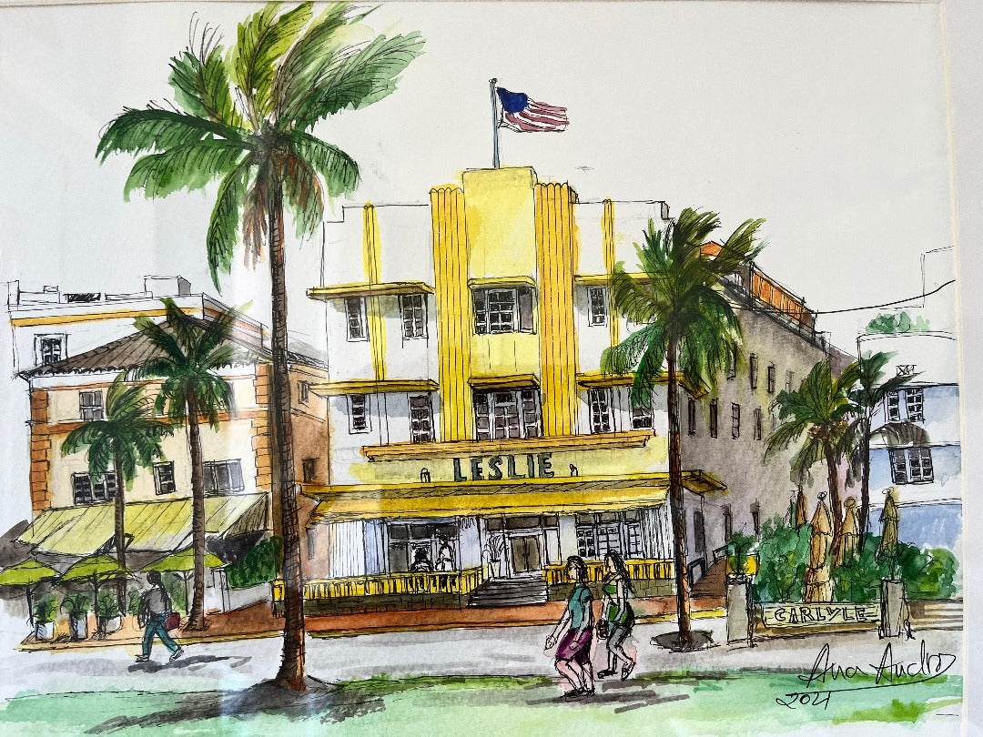 ORIGINAL WATERCOLOR, LESLIE ART DECO HOTEL, MIAMI BEACH